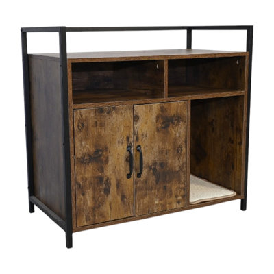 Spacious Rustic Brown Cat House, Hidden Litter Box, Scratching Mat, Entryways Enclosure, Heavy - Duty For Active Cats