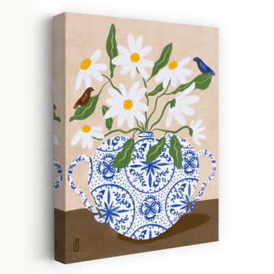 «Daisies In Blue Teapot Abstract Contemporary Bird Daisy Nature Spring», reproduction d'art murale