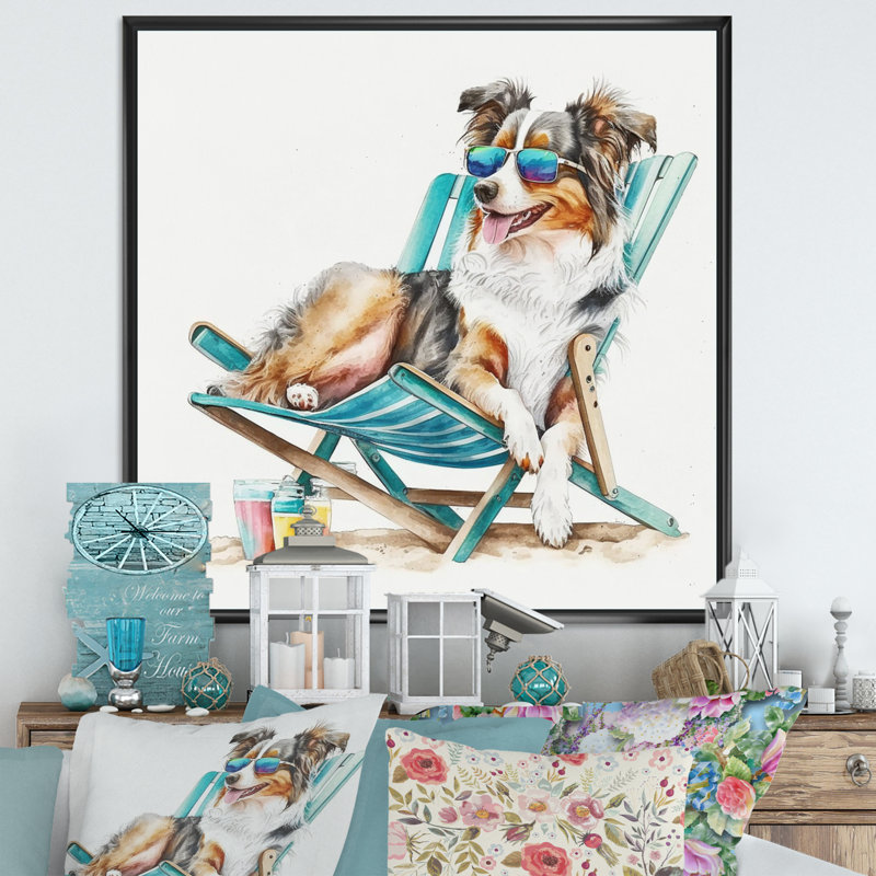 " Dog On The Beach I " Oil Print, 24" W x 24" H, Black Floater Framed Canvas