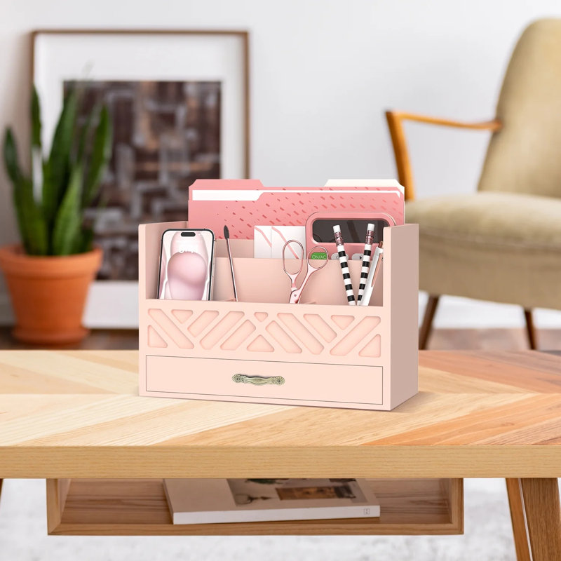 Organisateur de bureau en bois avec tiroir, support de courrier de bureau avec 5 compartiments, Rose