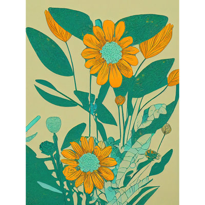 Yellow Flower Painting Turquoise Colourful Bold - Print