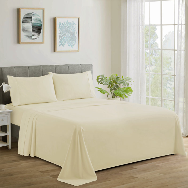 Ensemble de draps en coton 4 pièces avec taies d'oreiller en coton ivoire 4 pièces Marina, Ivoire