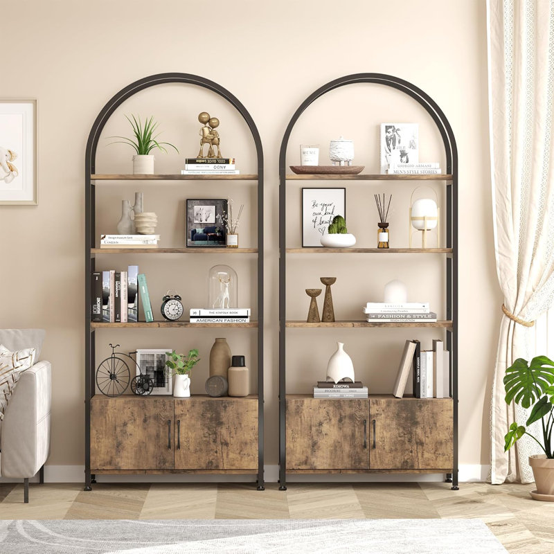 Arched Bookshelf, Bookcase With Doors Storage, Brown