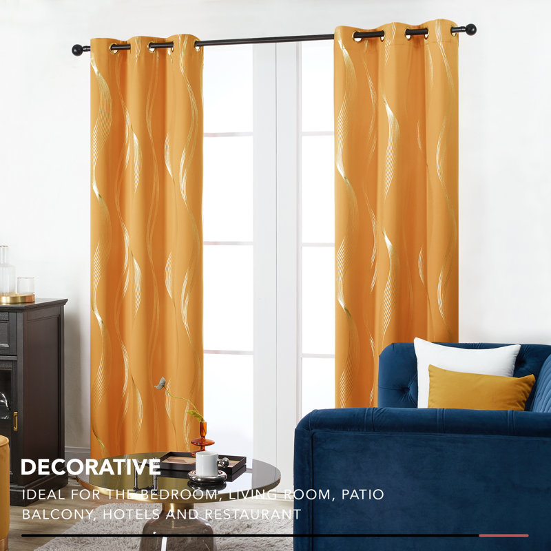 Spurgh Sliver Wave Foil Print Blackout Thermal Grommet Curtain Panels (Set of 2), 42" W x 45" L, Orange Flame