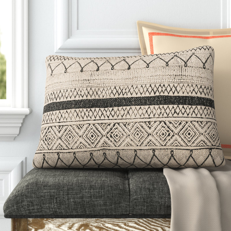 Zetta Geometric Cotton Throw Pillow, Down, Light Beige/Black