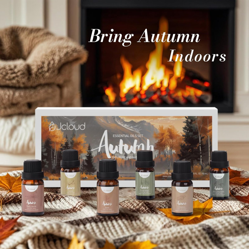 Huiles essentielles d'automne pour diffuseurs pour la maison, ensemble de cadeaux pour huiles parfumées d'automne, incl. Huiles de diffuseur aromathérapie à la vanille noire, à la cannelle et au santal - Parfums épicés, boisés et orientaux, 6 * 10 