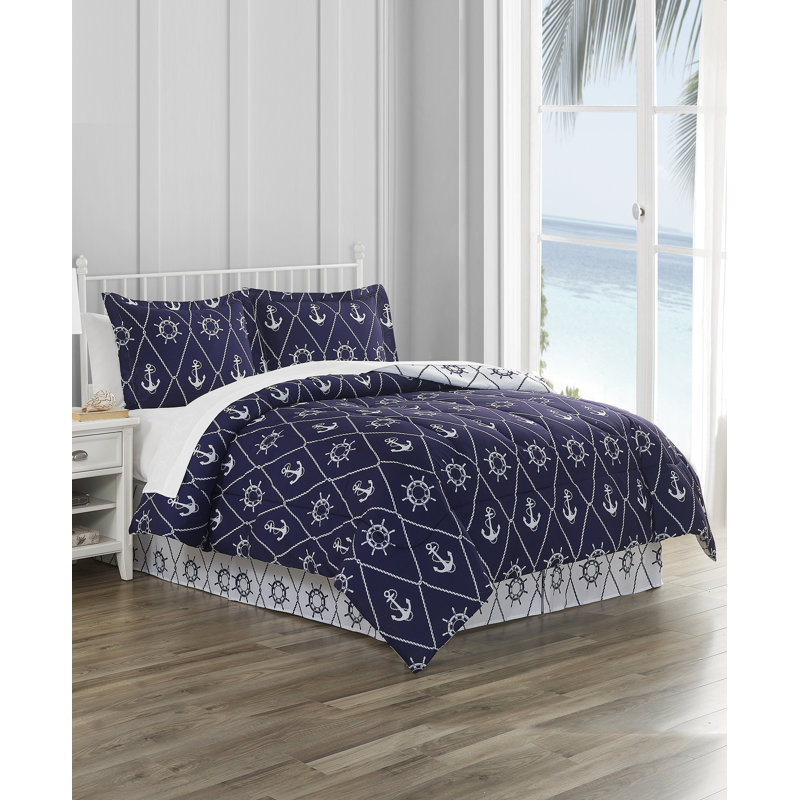 DESIGN STUDIO Anchor Away Navy Ultra Soft Microfiber Reversible Comforter Set, Twin Comforter + 5 Additional Pieces