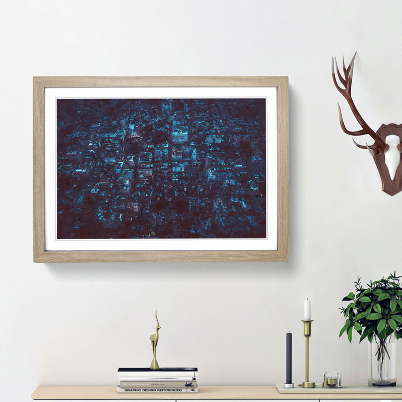 New York at Night - Picture Frame Graphic Art Print, 27cm H x 36cm W x 2cm D, Oak Framed