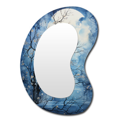 Blue White Tree Moonlit Silhouette II - Trees Unique Shape Mirror, Blue Asymmetrical Unique Wall Mirror, Printed Metal Art