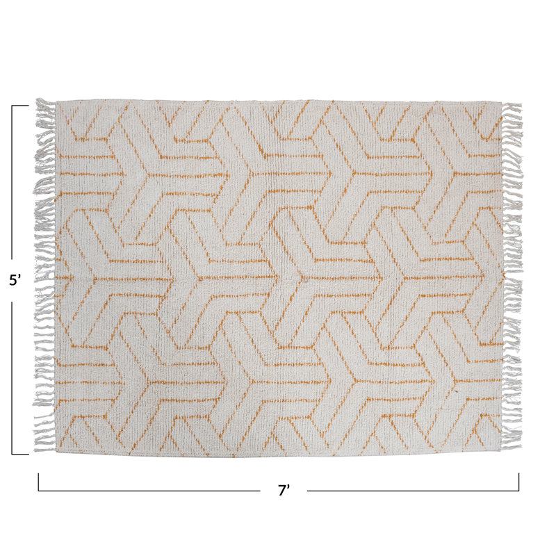 Stonewashed Cotton Tufted Rug with Geometric Pattern and Fringe