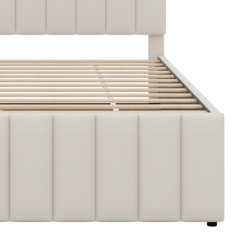 Lit plateforme tapissier avec lit gigogne et tiroirs, Beige, Lit double