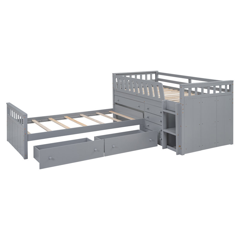 Low L-Shaped Bunk Bed With 7 Drawers, Gray