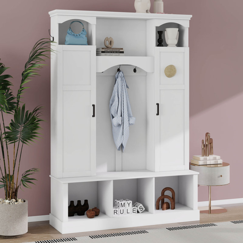 Arbre d'entrée tout-en-un avec tablettes réglables, banc de rangement arqué classique avec armoires latérales doubles, 7 crochets