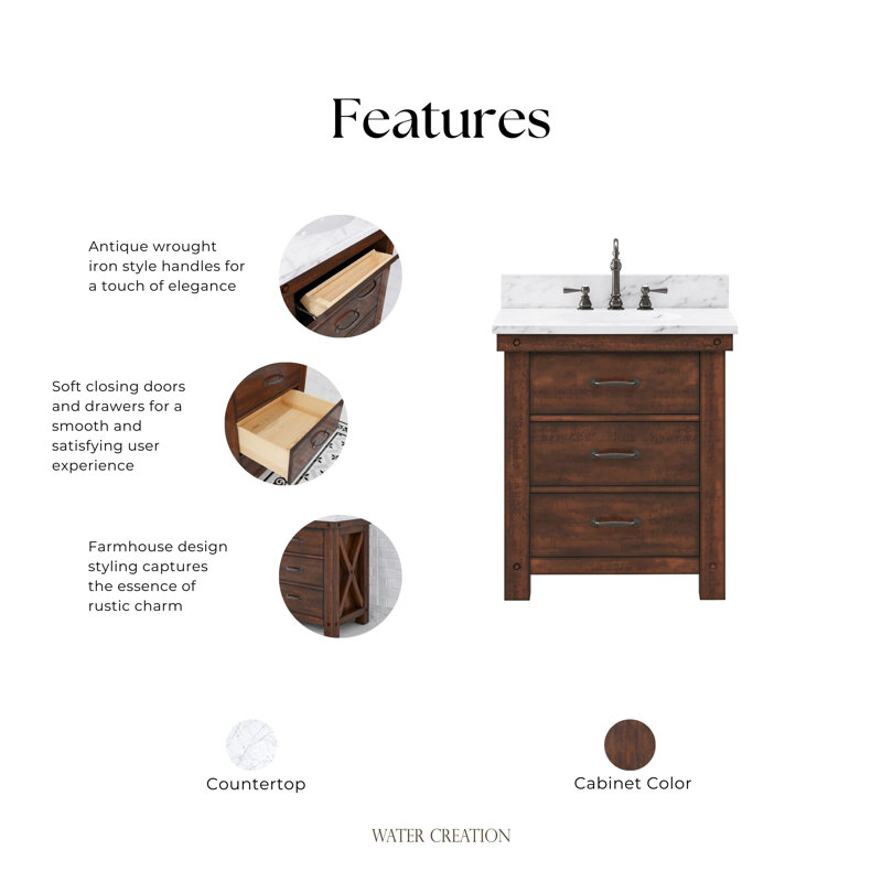 Aberdeen 30 In. Single Sink Blue Limestone Countertop Vanity In Rustic Sienna With Mirror, Rostic Sienna, Carrara White