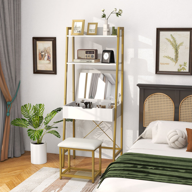 Domek Dressing Table with Mirror, Gold / White