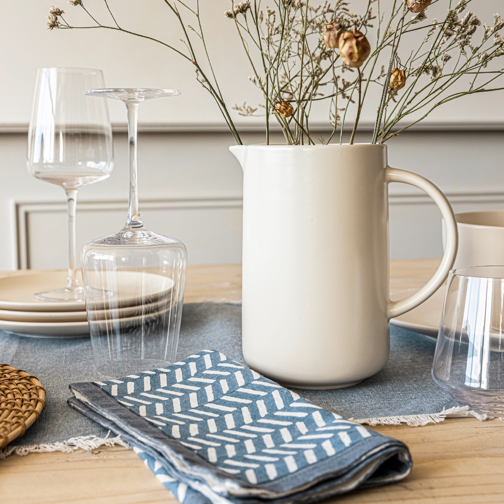 over&back Hand-Blocked Napkins, Set of 4, Blue Herringbone