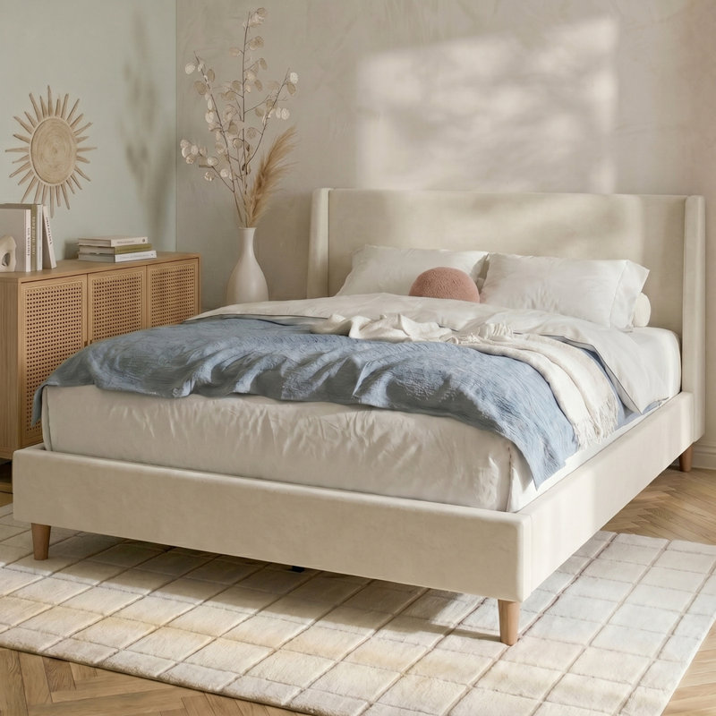 Modern Upholstered Platform Bed with Wingback Headboard and Walnut Wooden Legs, No Box Spring Needed, King, Beige Velvet