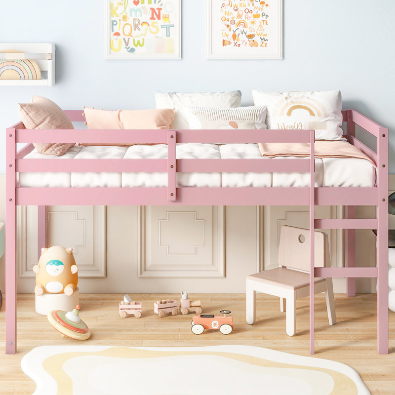 Lit mezzanine simple rose avec bois d'hévéa massif, 13 lattes renforcées, hauteur basse pour la stabilité et lit à lattes en bois avec plan de chambre à coucher