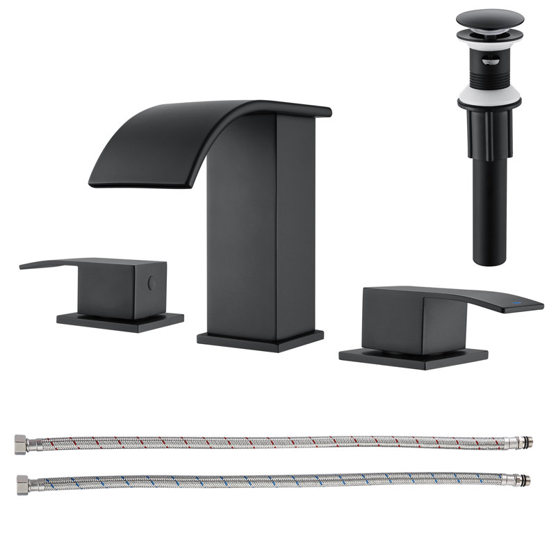8 inch Widespread Double Handle Waterfall Bathroom Sink Faucet with Pop Up Drain, Matte Black