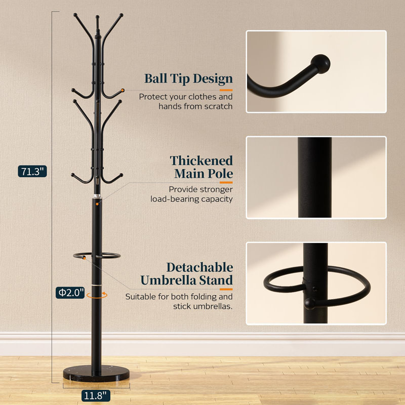 Metal Coat Rack Freestanding with Marble Base, Black