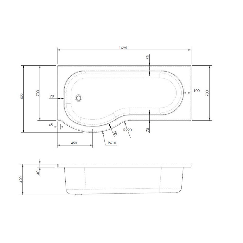 Maddalena 1500mm x 850mm Mounting / Installation Required Soaking Acrylic Bathtub, Right Hand, 170cm