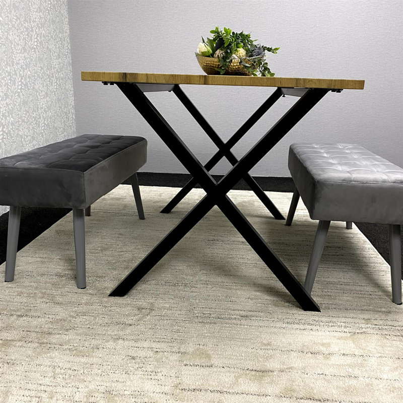 Wooden Brown Dining Table with 2 Grey Velvet Padded Benches, Stylish Dining Room Furniture