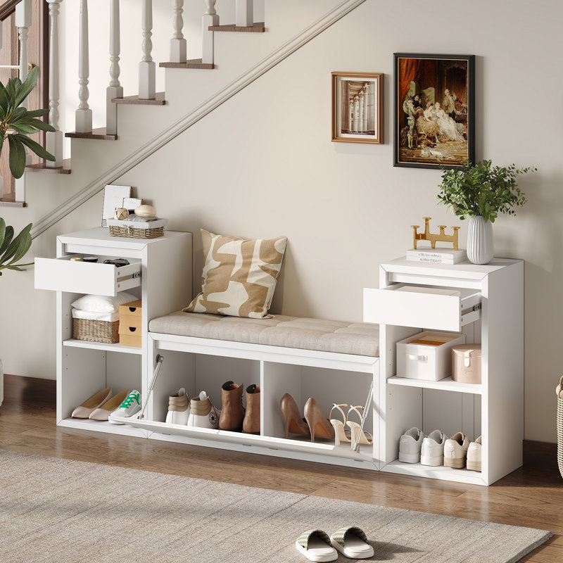 Banc de rangement tout-en-un avec coussin, compartiments, tiroirs et tablettes ouvertes, banc de rangement, White