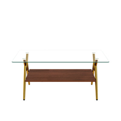 Rectangle Coffee Table With Tempered Glass Top And Golden Metal Legs, Modern Table For Living Room , Transparent Glass