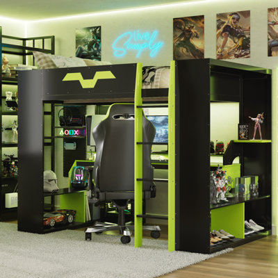 Full Size Wood Loft Bed with Power Outlet & USB/Type-C Ports, Integrated Cable Management, and RGB Light, Red