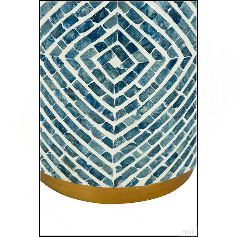 Tabouret d'appoint 14 x 14 x 18 po avec motif Capiz bleu et blanc