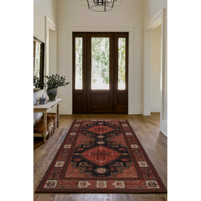 Tapis rouge / noir en coton à imprimé machine Guria, Tapis de couloir 2 pi 8 po x 16 pi 5 po