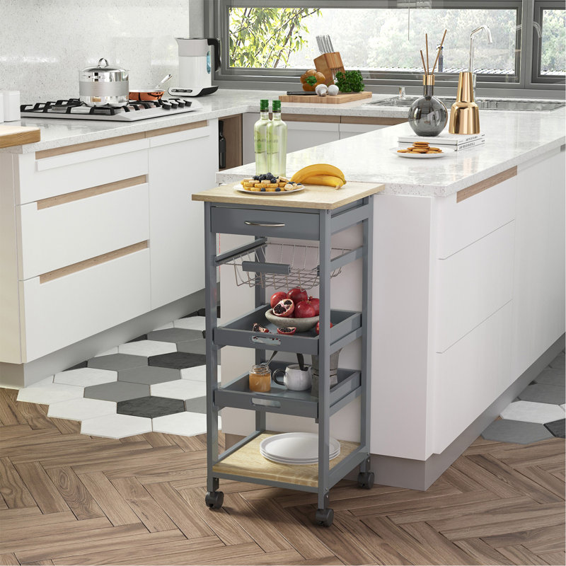 Chariot de service mobile à roulettes pour îlot de cuisine avec tiroir inférieur et panier de rangement coulissant, gris