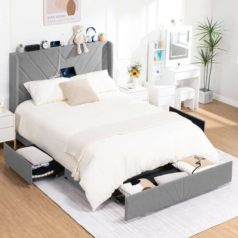 Bed Frame with Headboard and 3 Storage Drawers, Upholstered Platform Bed with Charging Station, Steel Slat Support, No Box Spring Needed, Easy Assembly