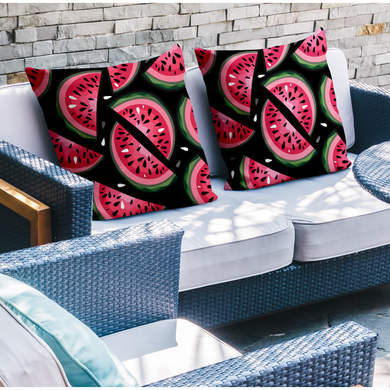 Oreiller carré intérieur / extérieur Yumelon Watermelon, Noir / rouge, L 15 po x H 15 po