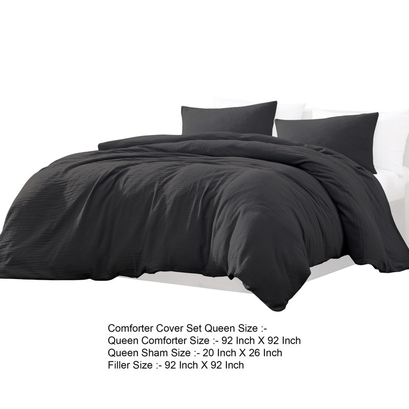 Édredon en microfibre 3 pièces , Édredon pour grand lit + 2 taies décoratives, Noir, noir, noir, noir