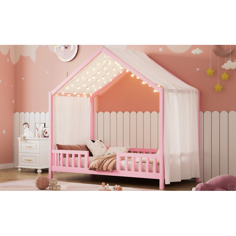 Lit sur pied avec auvent, cadre de lit simple, cadre de lit pour tout-petit en forme de maison, lit simple pour enfant, Rose