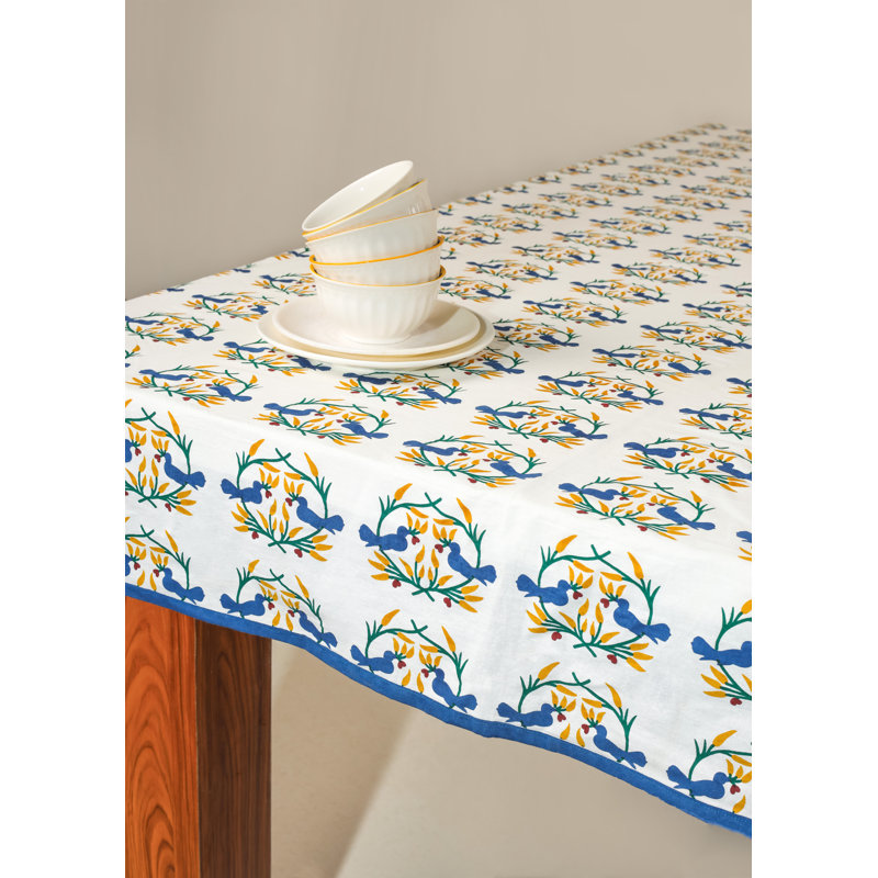 Bluebird Blooms Block Print Cotton Tablecloth