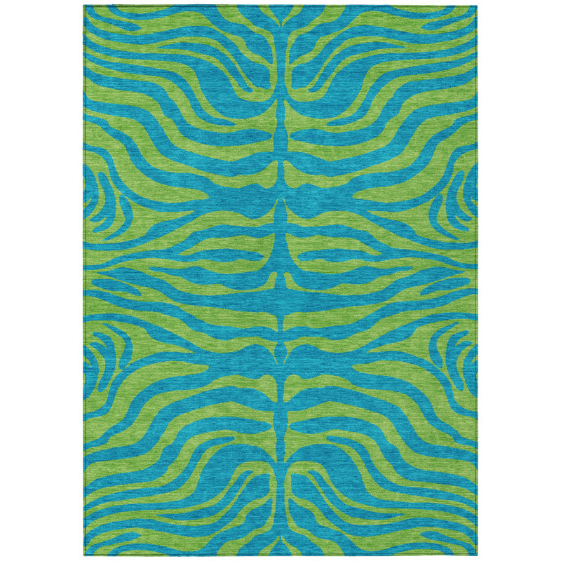 Teal and Green Zebra Pattern Washable Synthetic Area Rug
