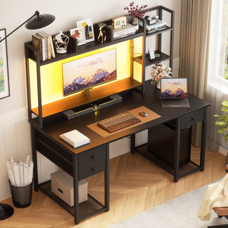 Bureau d'ordinateur de 47 à 59 po avec lumières DEL, prise et huche, H 59 po x l 47,2 po x P 18,9 po, Noir, noir, noir, noir