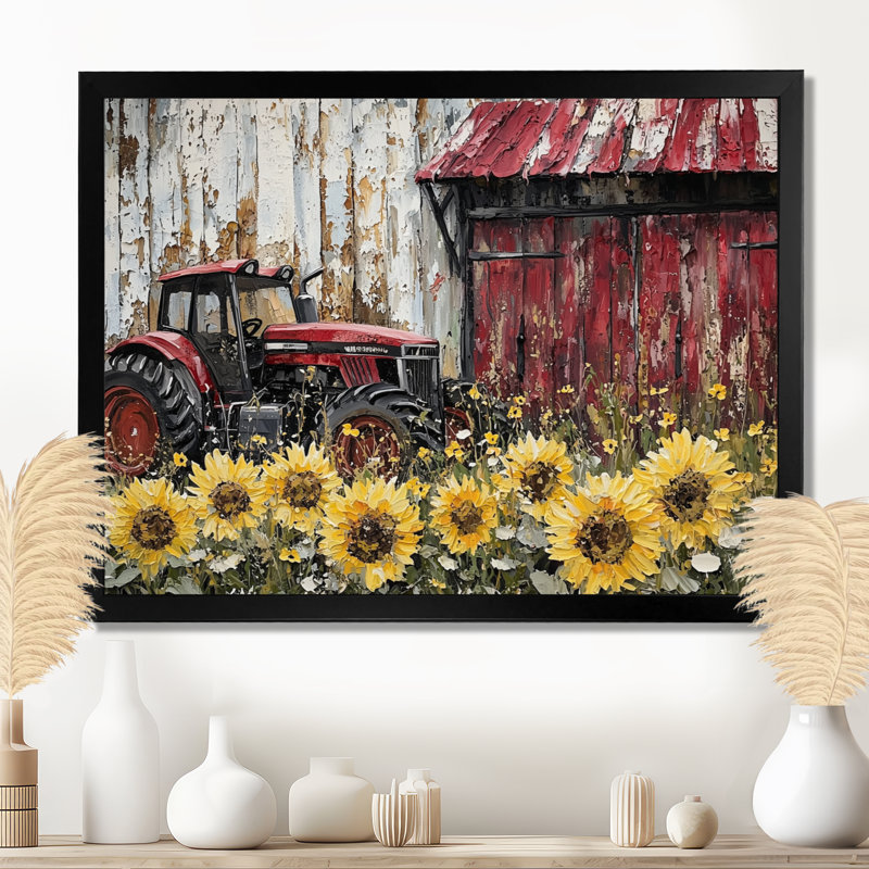 Dorukan Country Side Sunflowers With Tractor Farm II - ferme, art mural, Reproduction encadrée d'une seule photo
