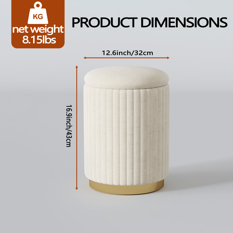 Jaishawn 12.6“ Round Velvet Upholstered Ottoman with Storage, White Fabric