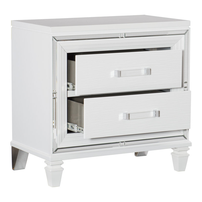 Élégante table de chevet avec 2 tiroirs et poignées barres en acrylique blanc argenté | Idée de cadeau