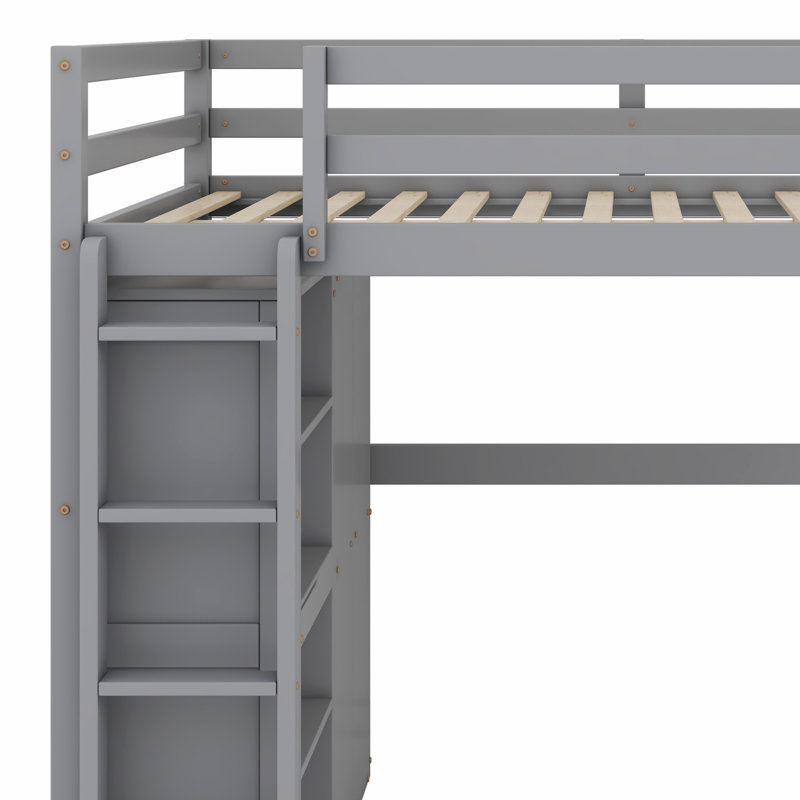 Lit mezzanine avec garde-robe et tablettes de rangement, lumière DEL, gris
