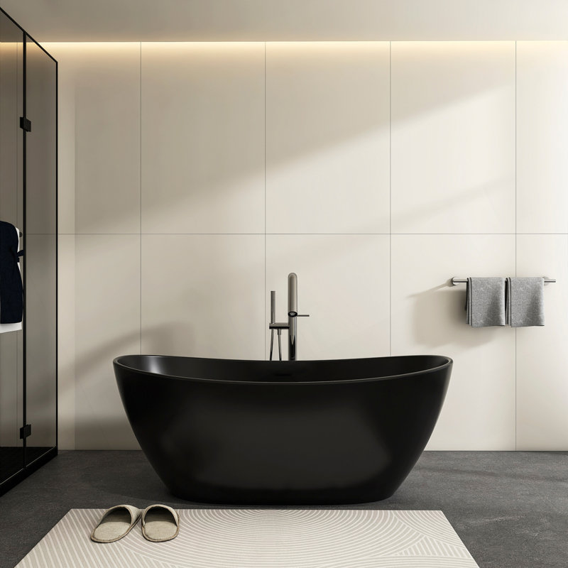 65 Inch Artificial Stone Solid Surface Freestanding Bathroom Bathtub, Black