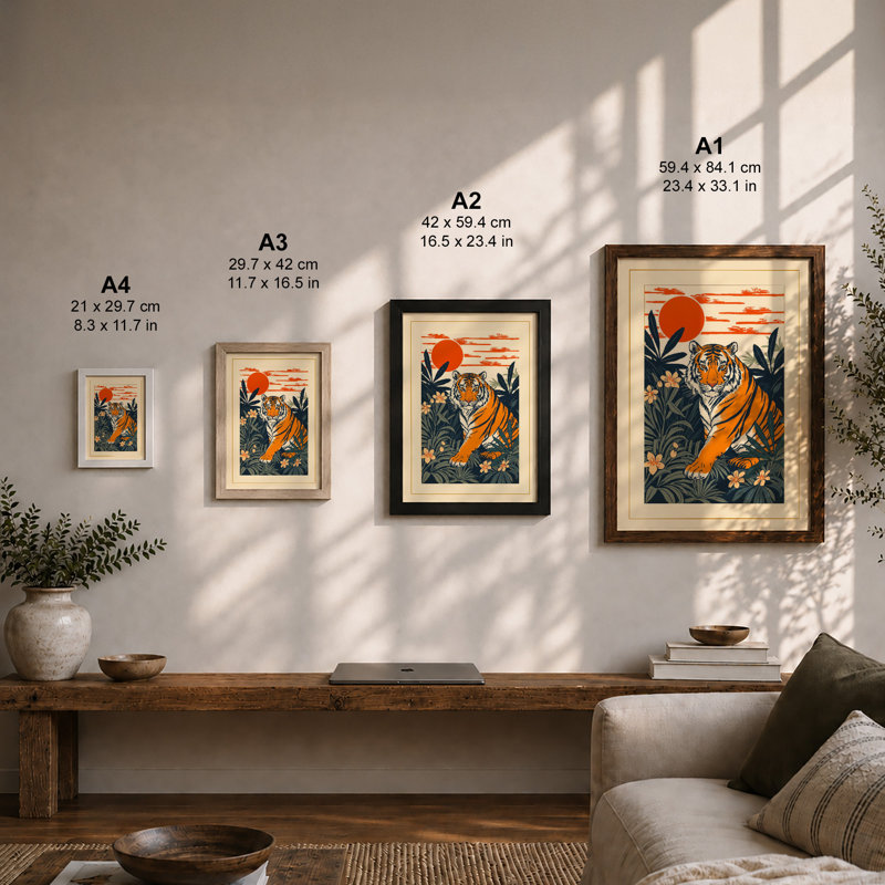 Tiger in Jungle Japandi - Framed Print, Walnut, A3 - 42.0 x 29.7 cm