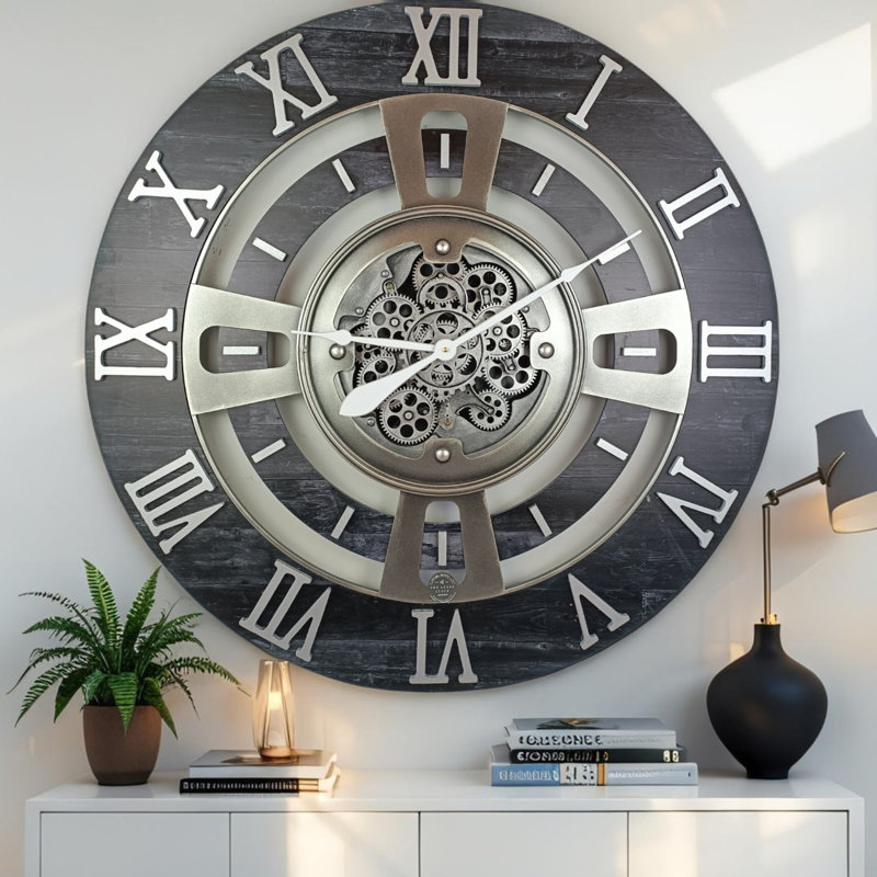 Oversized Vintage Black Wall Clock with Real Moving Gears