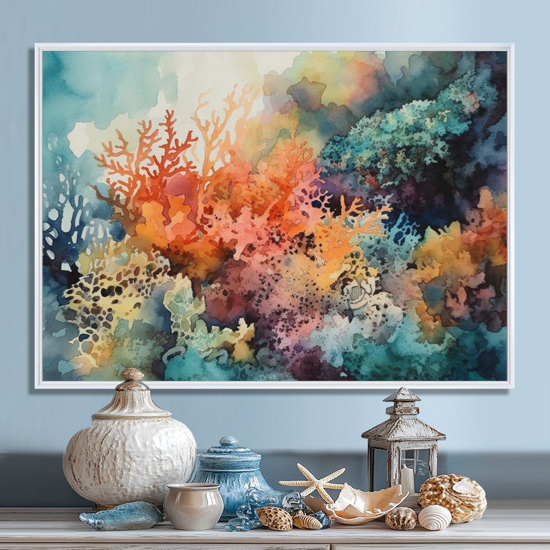 «Vibrant Coral Reef I - Modern Beach», art mural, H 30 po x l 40 po x P 1,5 po, Cadre flottant blanc