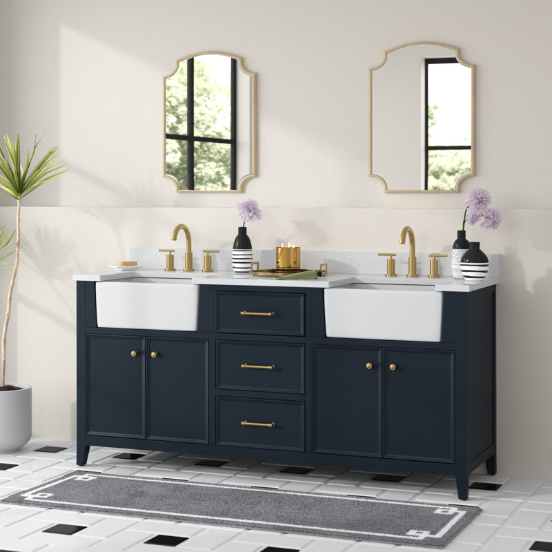 Meuble-lavabo double 72 po Aisa, Bleu indigo / or brossé