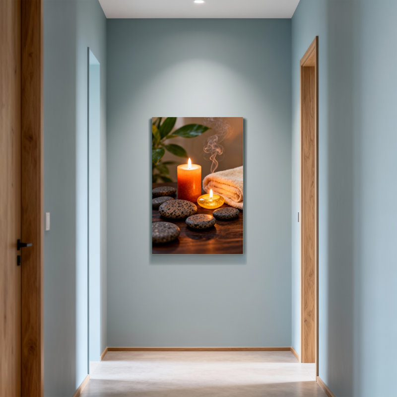 Bain et lessive bougie pierres légères serviette plante fumée atmosphère paisible, H 18 po x l 12 po