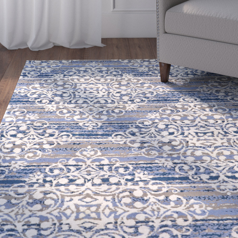 Abreanna Runner Damask Blue/White Area Rug Canora Grey Rug 
